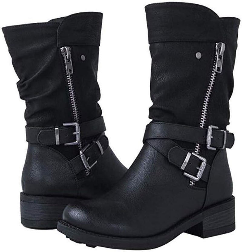 woobles Boots for Women,Women Platform Mid Calf Boots Composite Steel Toe Slide Zipper Ladies Trendy Chelsea Work Motorcycle Riding Combat Boots (Black, 10.5) - Image 3